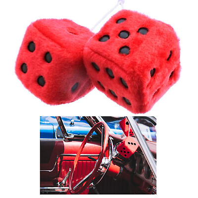 #ad 1 Pair Red Fuzzy Dice Vintage Car Plush Decor Hanging Rearview Mirror 2.25quot; Auto $9.07