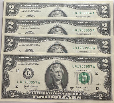 #ad #ad *Lot of 4 LUCKY CRISP Uncirculated Sequential $2 Two Dollar Bills* Series 2017A. $14.44