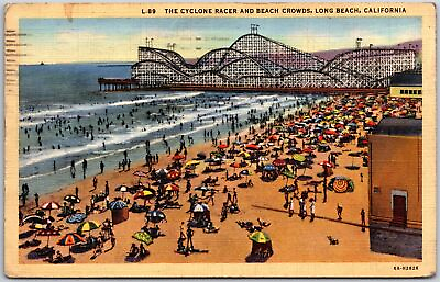 #ad 1942 Long Beach CA California The Cyclone Racer and Beach Crowds Postcard $8.98
