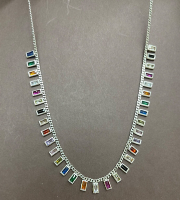 #ad Necklace women Sterling Silver Rainbow Cubic Zirconia Baguette Dangle Choker $130.00
