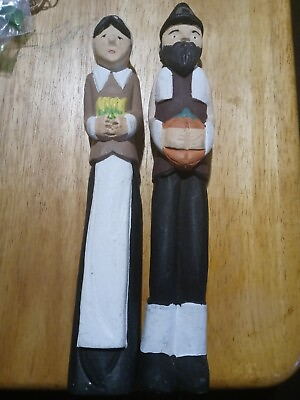 #ad Vintage Hand Carved Painted Thanksgiving Pilgrim Couple $21.99