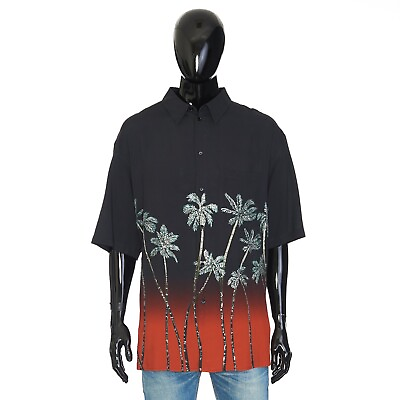 #ad CELINE 1950$ Black Hawaiian Shirt Sequin Embroidered Sunset Palm Trees Print $1192.00