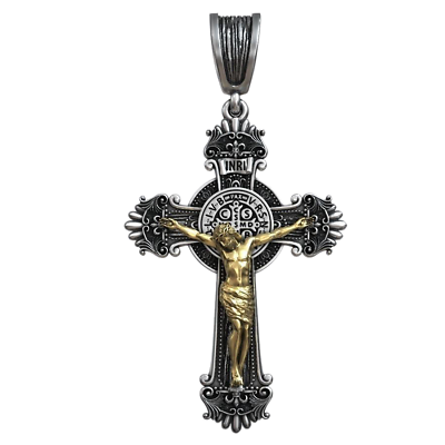 #ad 20g Long Crucifix Jesus Cross Catholic Medal Saint Benedict 925 SOLID STERLING $99.75