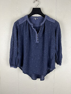 #ad Lucky Brand Blouse Womens Small Blue Long Sleeve Sheer Lace Embroidered Pullover $7.34