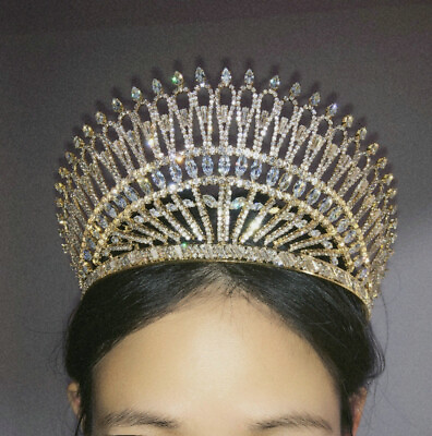 #ad 8cm Tall Gold CZ Crystal Wedding Bridal Queen Princess Prom Drama Tiara Crown AU $52.50