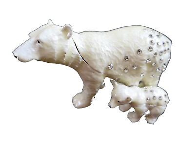#ad Bejeweled Polar Bear Mom amp; Baby Hinged Metal Enameled Rhinestone Trinket box $22.00