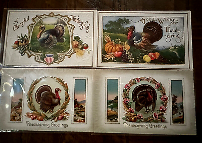 #ad Lot of 4 Vintage Thanksgiving Postcards with Turkeys Pumpkins Autumn Scenes h760 $9.99