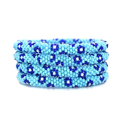 #ad Blue Flowers Bracelet Handmade In Nepal Glass Bead Laura Crochet Roll Beaded $14.99