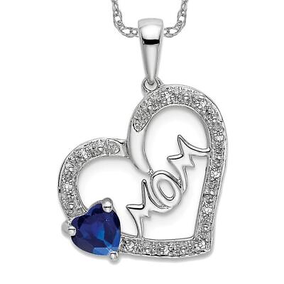 #ad 14K White Gold Sapphire Diamond Mom Heart Necklace Mama Charm Gemstone Mother... $774.00