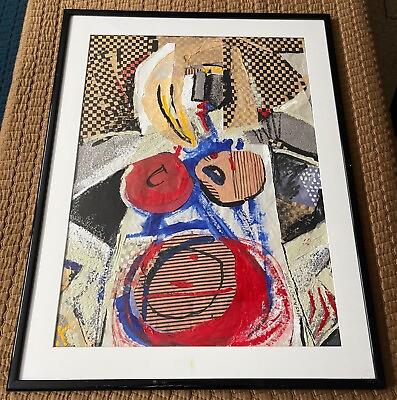 #ad Vintage 80s Abstract Mixed Media Painting Figural Modern Art Wall Hanging Signed $575.00