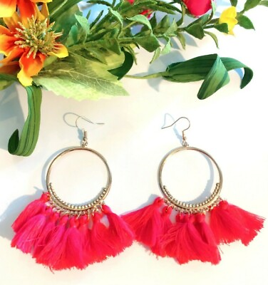 #ad Women#x27;s Bohemian Long Tassel Fringe Earrings Pink Dangle Drop Boho Ethnic NEW $7.61