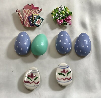 #ad Vintage Lot 8 Button Covers Spring Easter Theme Eggs Flowers Watering Can $14.90