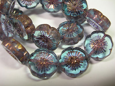 #ad 10 beads Sapphire bronze Czech Glass Flower Beads 14mm $6.99