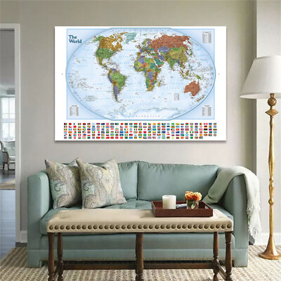 #ad Map Of World With Flags Wall Chart Poster Print Background Canvas Backdrop Decor $7.17