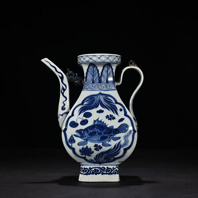 #ad 11quot; Antique yuan dynasty Porcelain Blue white Eight treasures fish algae Teapot $438.00
