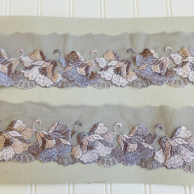 #ad Floral Embroidered Lace Trim with Mauve Tulle for Sewing Bridal Crafts 3quot; Wide $7.85
