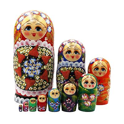 #ad 10 Pieces Wooden Matryoshka Dolls Cute Traditional Wishing Gift Figures Stacking $63.14
