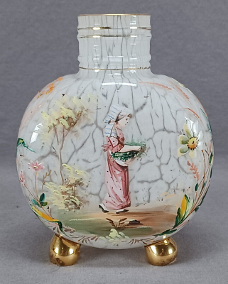 #ad Bohemian Harrach Hand Enameled Lady amp; Flowers Malachite Glass Vase Circa 1870s $195.00