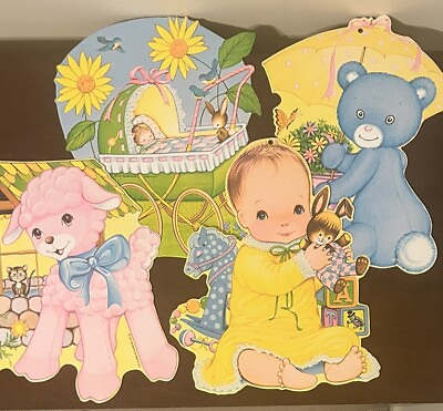 #ad 4 Vintage 1977 Beistle Baby Shower Decor Paper Cut Outs Yellow Pink Blue EUC $24.95