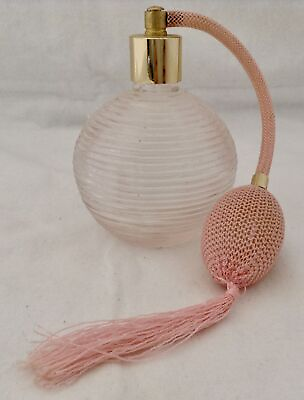 #ad Pink Glass Ribbed Perfume Bottle with Pink Atomizer amp; Tassel Unmarked 4quot; Nice $14.95