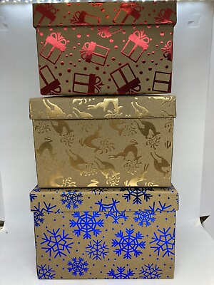 Set of 3 Brown Cardboard Gift Craft Boxes w Foil Christmas Prints $2.99
