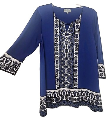 #ad JM Collection Large Petite Tunic Embellished Top Blue 3 4 Sleeves Studs Chain $16.90