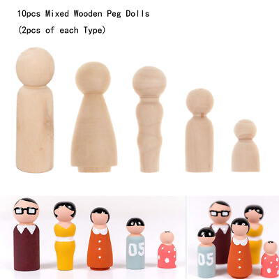 #ad 10pcs Unpainted Blank Wooden Peg Dolls Family Figures Creative Kid Toys Handmade $6.34
