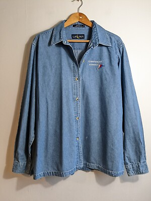 #ad Ladies Vintage Denim Shirt Size L 12 14 16 Blue Jean Race Embroidered Logo GBP 13.99