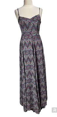 #ad SANS SOUCI Women Layer Slits Maxi Dress Size L Geometric Chiffon Sweetheart Neck $26.39