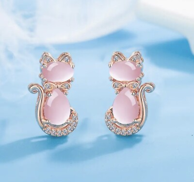 #ad Pink Opal Cat Earrings Spade Rose Gold Plated Stud Crystal CZ Kate $17.45