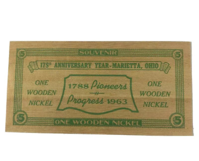 #ad Wooden Flat Nickel 175th Anniversary Year Marietta Ohio 1963 Green Color $10.08