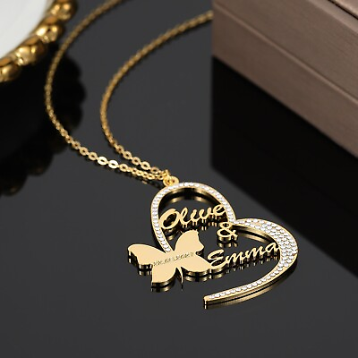 #ad Personalized Double Name Necklace Butterfly Stainless Steel Custom Pendant Chain $25.44
