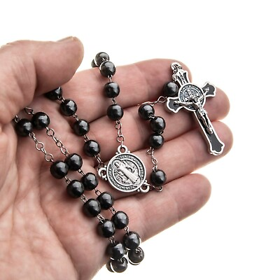 #ad St Benedict Rosary Catholic Black Round Hematite 7mm Beads 21quot; Men Necklace $12.50