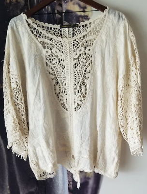 #ad SPIAGGIA DOLCE Women#x27;s Crochet Ivory Round Neck Dolman Pullover Tunic XL $35.00