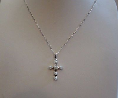#ad NECKLACE PENDANT CROSS W 3.5MM WHITE PEARLS 18#x27;#x27; LONG 925 STERLING SILVER $42.30