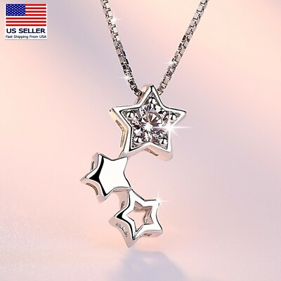 Women 925 Sterling Silver Necklace Chain Crystal 3D Bright Stars Style Pendant $6.99