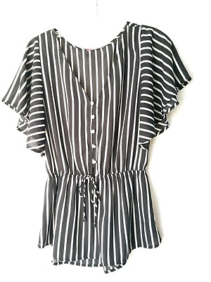 #ad #ad Pretty lxia Blouse Top Black White Stripes V Neck Flutter Sleeve Size Small $10.95