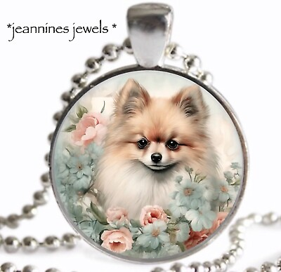 #ad Pomeranian Charm Necklace Dog Mom Gift Antique Roses ART PRINT Silver Pendant $21.99