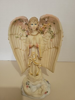 #ad Vintage Angel w Wings Outstretched 3D Flowers Figurine Folds Up Pedestal Base $25.00