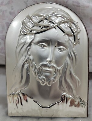 #ad 925 STERLING ON WOOD JESUS CHRIST PLAQUE ICON CHRISTIAN RELIGIOUS PLATA 1a LEY $29.95