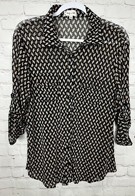 #ad Bailey and Chloe Women Black Button Up Sheer stretch Blouse roll tab sleeve sz M $12.60