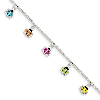 #ad .925 Sterling Silver Childrens Jewelry Enameled Ladybug Kids Bracelet 6quot; $50.00