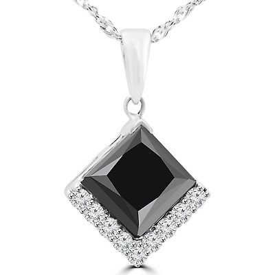 #ad 3.35 CT Princess AAA Black Diamond Pave Pendant Necklace 14K White Gold $2489.00