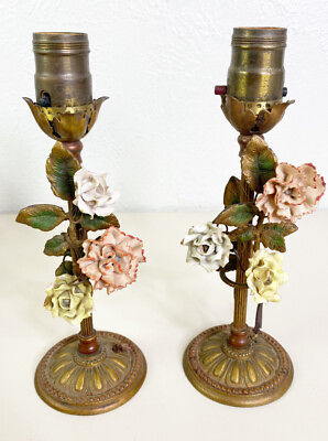 #ad VTG Antique French Gilt 10quot; Metal Rose Side Table Moon Pair Lamps Need Rewired $268.00