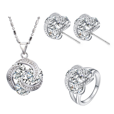 #ad Fashion Silver Plated CZ Zircon Pendant Necklace Earrings Ring Women Jewelry Set $7.87
