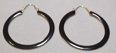 #ad Vintage 1980s Gold Tone Metal Black Enamel Round Hoop Earrings Pierced $10.95