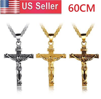 #ad Men#x27;s Gift Stainless Steel Jesus Christ Crucifix Cross Pendant Chain Necklace US $7.64