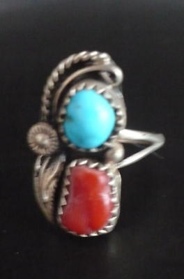 #ad Vintage 925 Silver Ring w Turquoise amp; Coral Sz 7 $24.99