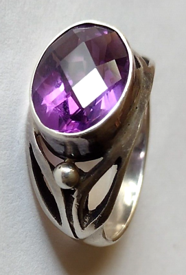#ad Royal Purple Sterling Silver Violet Faceted Large Oval Ring Vintage Marked 925 $83.99