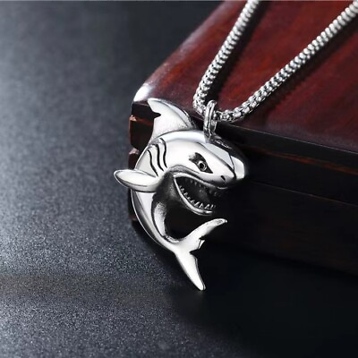 Mens Shark Pendant Animal Necklace Punk Biker Jewelry Stainless Steel Chain 24quot; $11.99